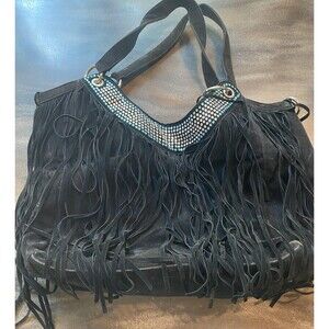 Joan Boyce Hobo Bag Womens Large Suede Fringe Rhinestone Western Boho Purse